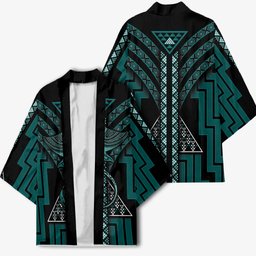 New Zealand Manta Ray Kimono Maori Tukutuku Taniko Motifs Teal