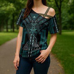 New Zealand Manta Ray Cross Shoulder Shirt Maori Tukutuku Taniko Motifs Teal