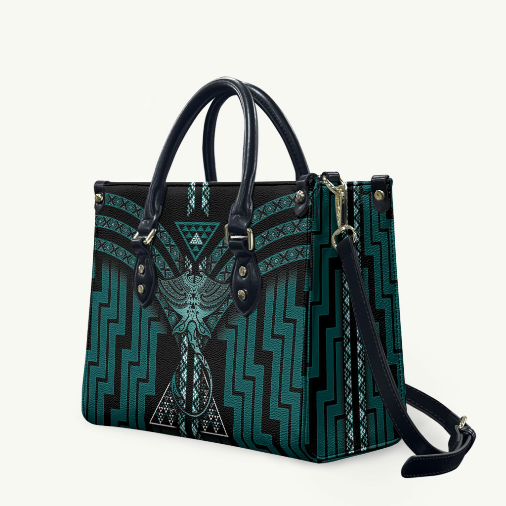 New Zealand Manta Ray Leather Bag Maori Tukutuku Taniko Motifs Teal