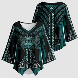 New Zealand Manta Ray Kimono Sleeve Blouse Maori Tukutuku Taniko Motifs Teal