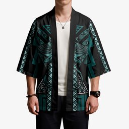 New Zealand Manta Ray Kimono Maori Tukutuku Taniko Motifs Teal