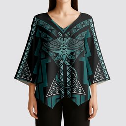 New Zealand Manta Ray Kimono Sleeve Blouse Maori Tukutuku Taniko Motifs Teal