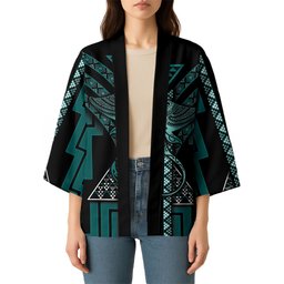 New Zealand Manta Ray Kimono Maori Tukutuku Taniko Motifs Teal