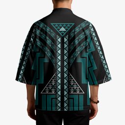 New Zealand Manta Ray Kimono Maori Tukutuku Taniko Motifs Teal