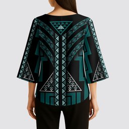 New Zealand Manta Ray Kimono Sleeve Blouse Maori Tukutuku Taniko Motifs Teal