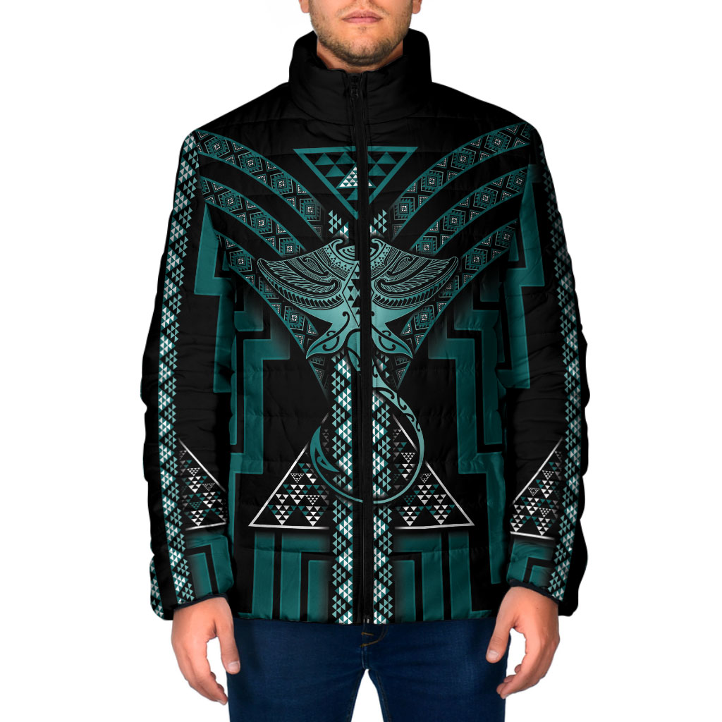 New Zealand Manta Ray Padded Jacket Maori Tukutuku Taniko Motifs Teal