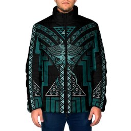 New Zealand Manta Ray Padded Jacket Maori Tukutuku Taniko Motifs Teal