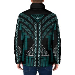 New Zealand Manta Ray Padded Jacket Maori Tukutuku Taniko Motifs Teal