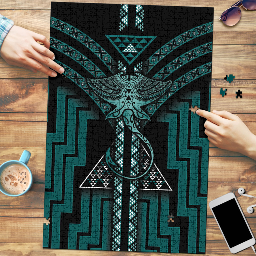 New Zealand Manta Ray Puzzle Maori Tukutuku Taniko Motifs Teal