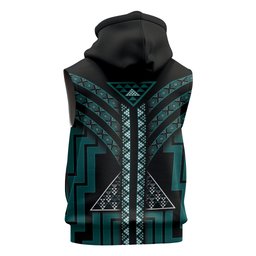 New Zealand Manta Ray Sleeveless Hoodie Maori Tukutuku Taniko Motifs Teal