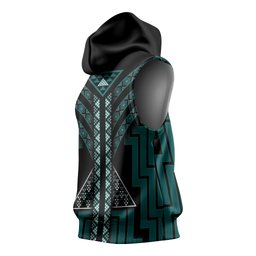 New Zealand Manta Ray Sleeveless Hoodie Maori Tukutuku Taniko Motifs Teal