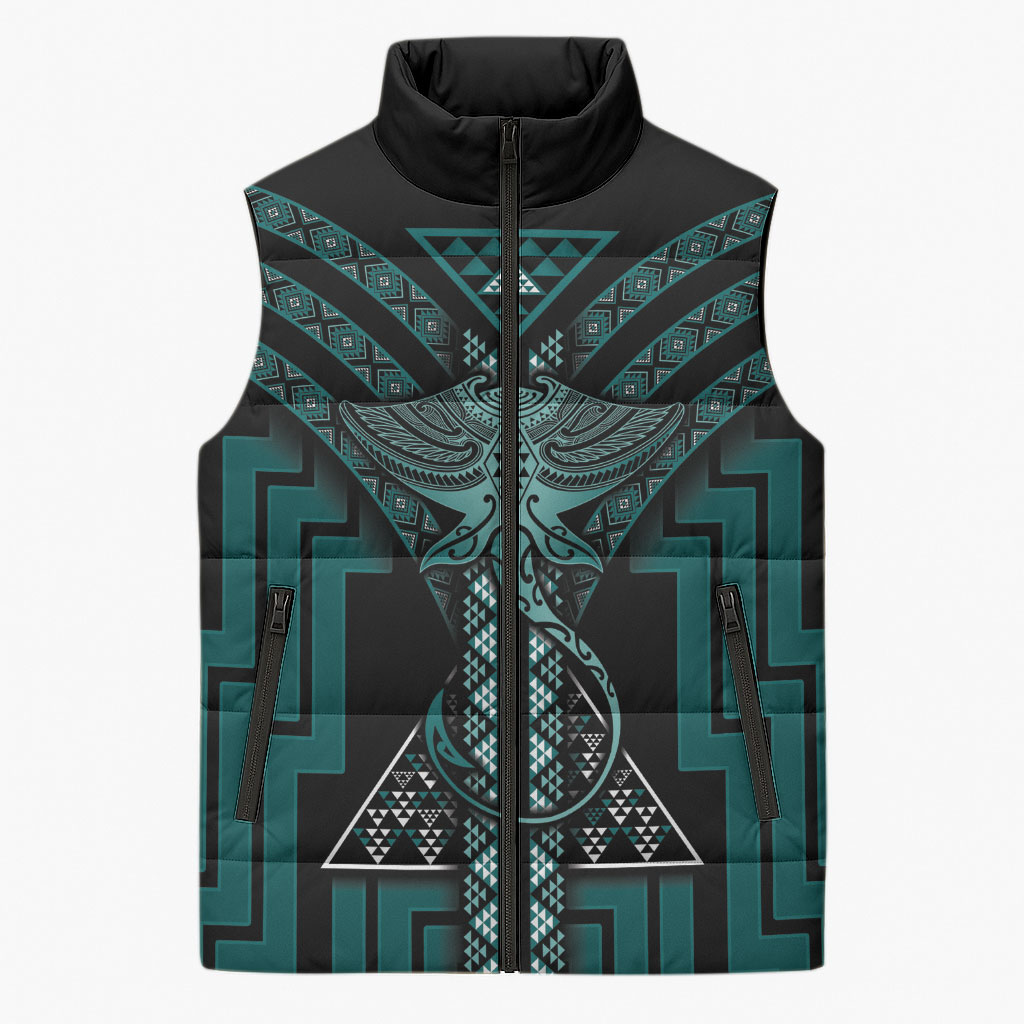 New Zealand Manta Ray Sleeveless Puffer Jacket Maori Tukutuku Taniko Motifs Teal