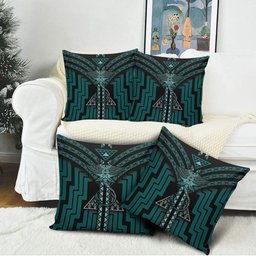 New Zealand Manta Ray Pillow Cover Maori Tukutuku Taniko Motifs Teal