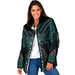 New Zealand Manta Ray Padded Jacket Maori Tukutuku Taniko Motifs Teal
