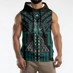 New Zealand Manta Ray Sleeveless Hoodie Maori Tukutuku Taniko Motifs Teal