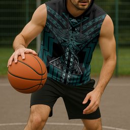 New Zealand Manta Ray Sleeveless Hoodie Maori Tukutuku Taniko Motifs Teal