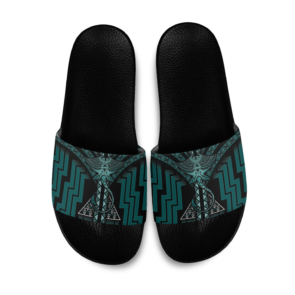 New Zealand Manta Ray Slide Sandals Maori Tukutuku Taniko Motifs Teal