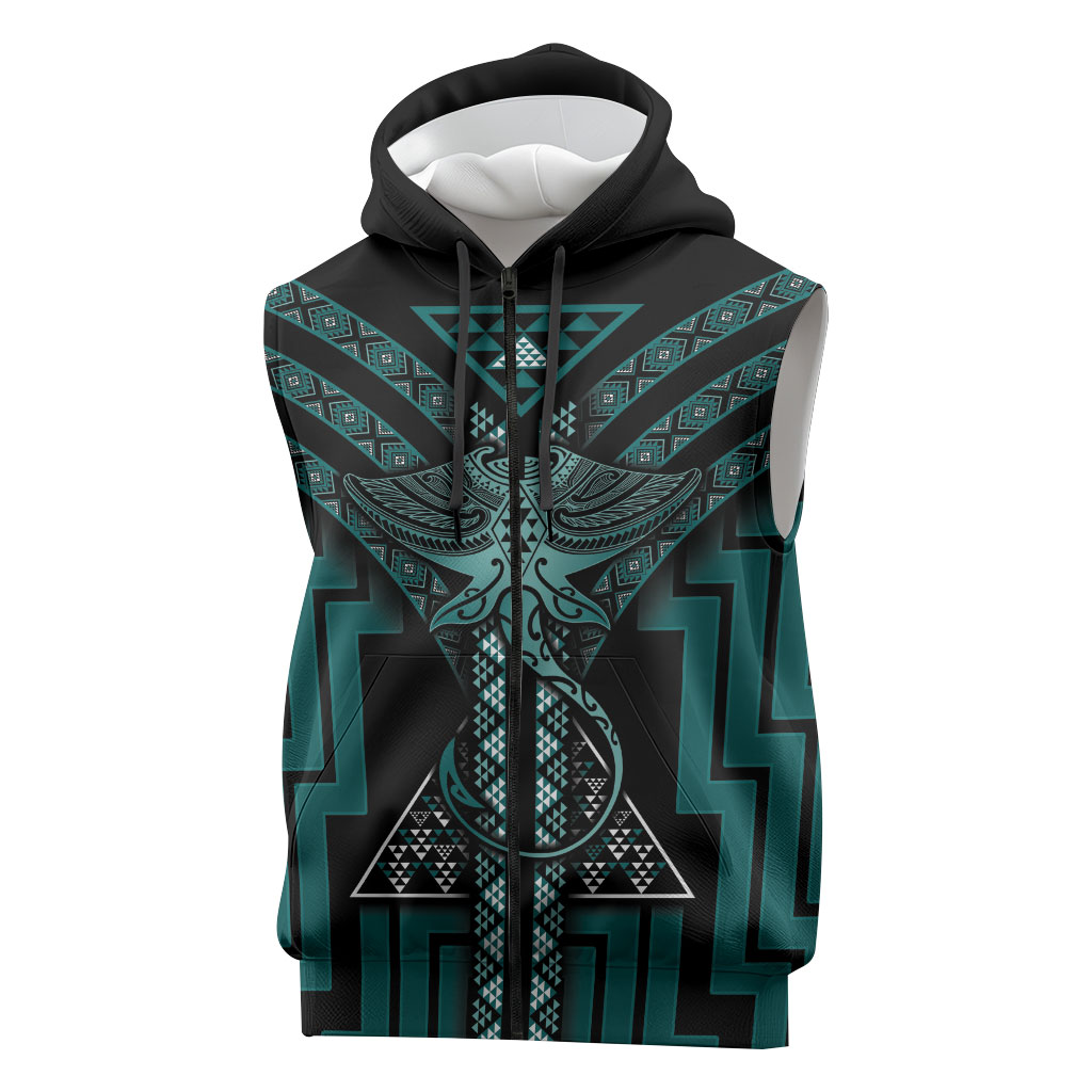 New Zealand Manta Ray Sleeveless Zip Hoodie Maori Tukutuku Taniko Motifs Teal