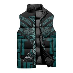 New Zealand Manta Ray Sleeveless Puffer Jacket Maori Tukutuku Taniko Motifs Teal
