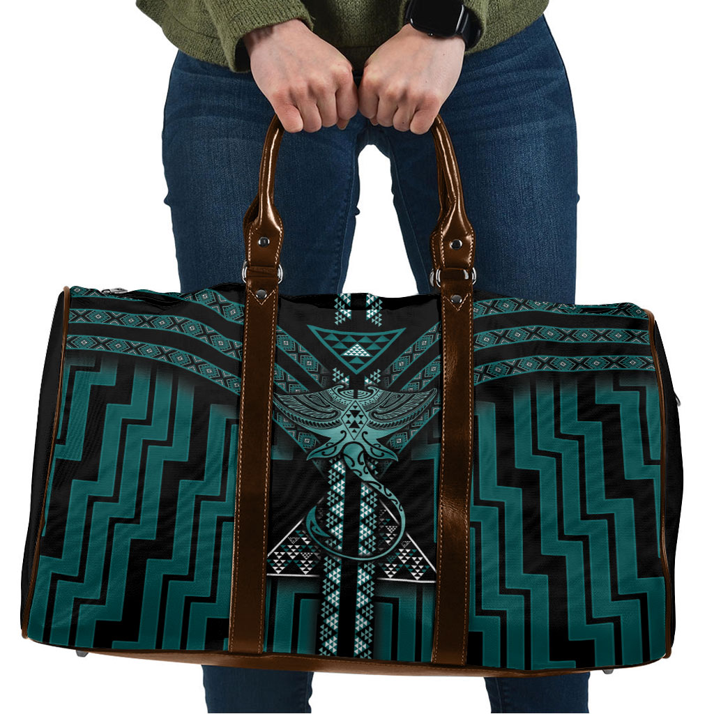 New Zealand Manta Ray Travel Bag Maori Tukutuku Taniko Motifs Teal