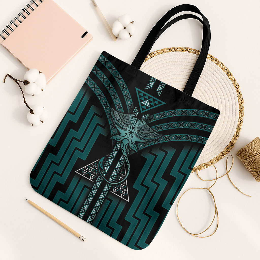 New Zealand Manta Ray Tote Bag Maori Tukutuku Taniko Motifs Teal
