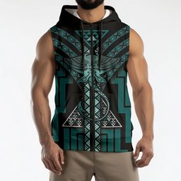 New Zealand Manta Ray Sleeveless Zip Hoodie Maori Tukutuku Taniko Motifs Teal