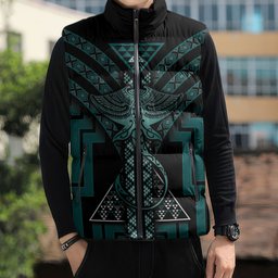 New Zealand Manta Ray Sleeveless Puffer Jacket Maori Tukutuku Taniko Motifs Teal