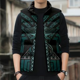 New Zealand Manta Ray Sleeveless Puffer Jacket Maori Tukutuku Taniko Motifs Teal