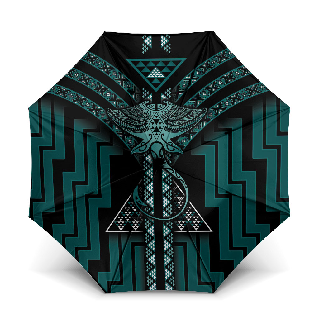 New Zealand Manta Ray Umbrella Maori Tukutuku Taniko Motifs Teal