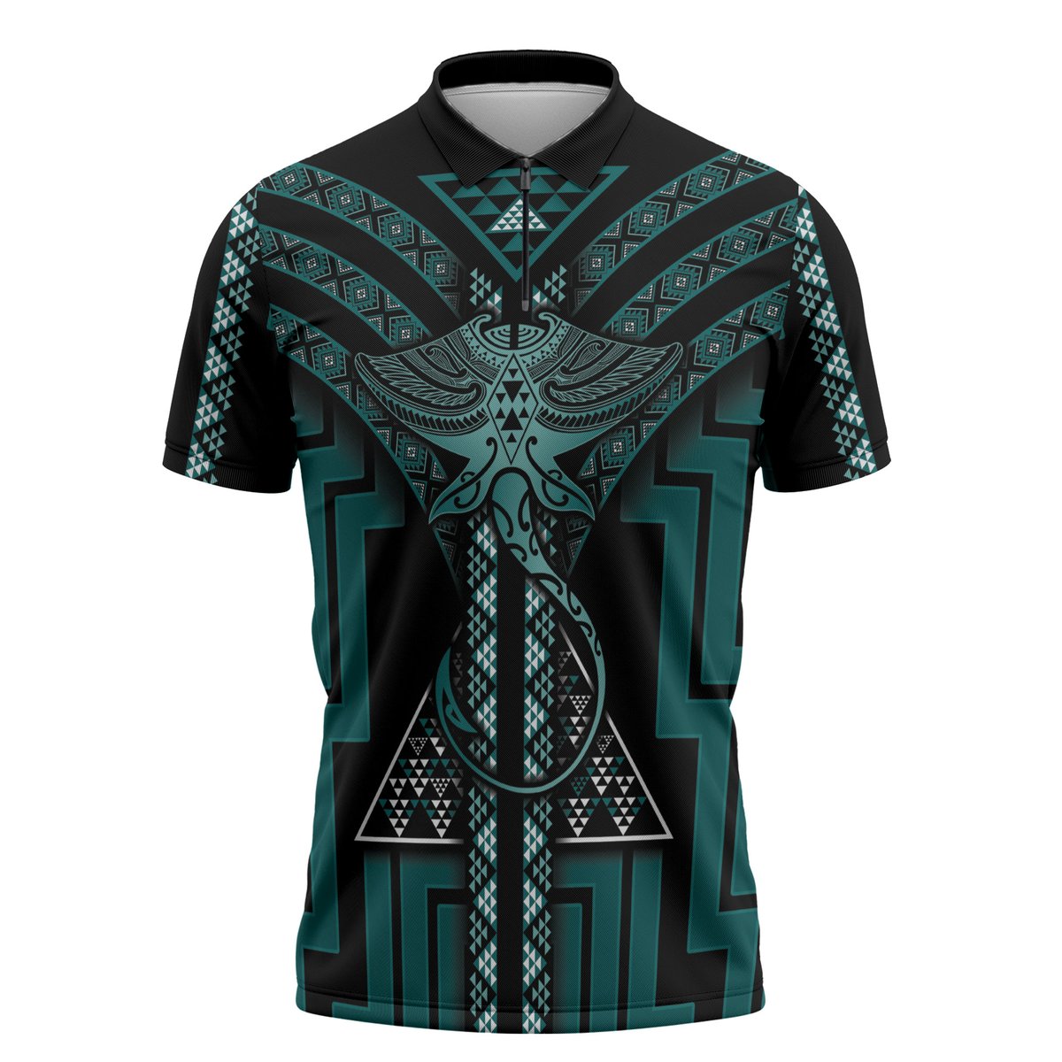 New Zealand Manta Ray Zipper Polo Shirt Maori Tukutuku Taniko Motifs Teal