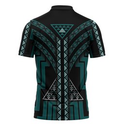 New Zealand Manta Ray Zipper Polo Shirt Maori Tukutuku Taniko Motifs Teal
