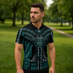 New Zealand Manta Ray Zipper Polo Shirt Maori Tukutuku Taniko Motifs Teal