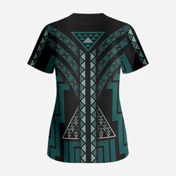 New Zealand Manta Ray Scrub Top Maori Tukutuku Taniko Motifs Teal