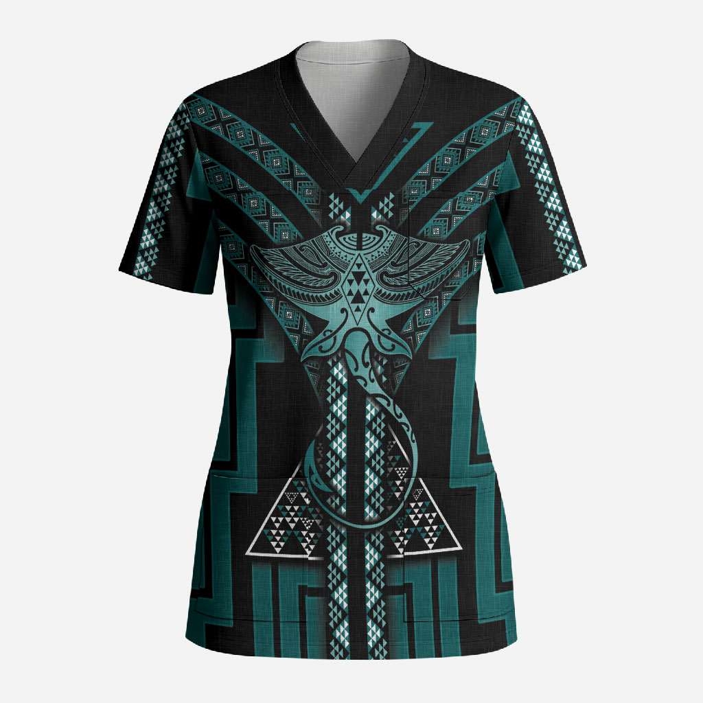 New Zealand Manta Ray Scrub Top Maori Tukutuku Taniko Motifs Teal