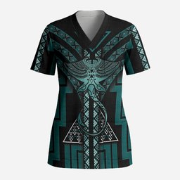 New Zealand Manta Ray Scrub Top Maori Tukutuku Taniko Motifs Teal