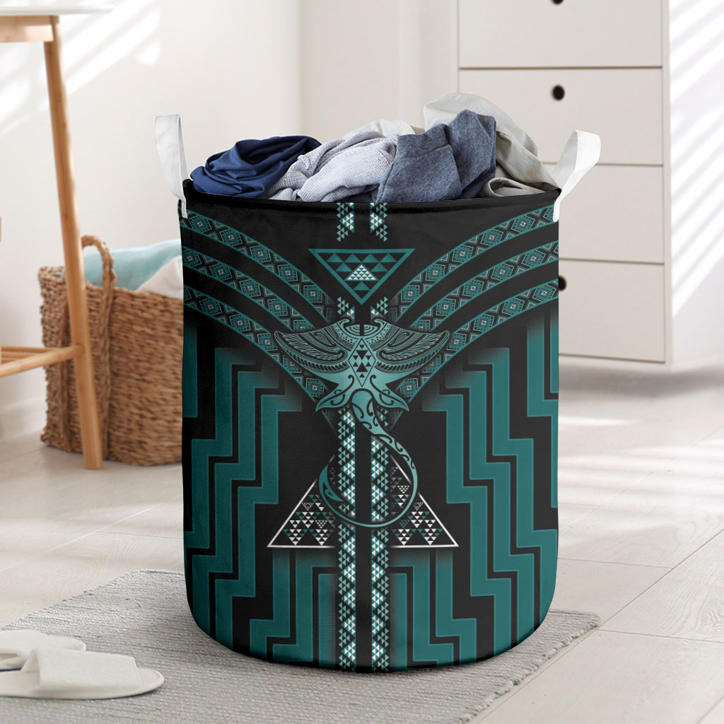 New Zealand Manta Ray Laundry Basket Maori Tukutuku Taniko Motifs Teal
