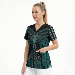 New Zealand Manta Ray Scrub Top Maori Tukutuku Taniko Motifs Teal