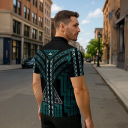 New Zealand Manta Ray Zipper Polo Shirt Maori Tukutuku Taniko Motifs Teal