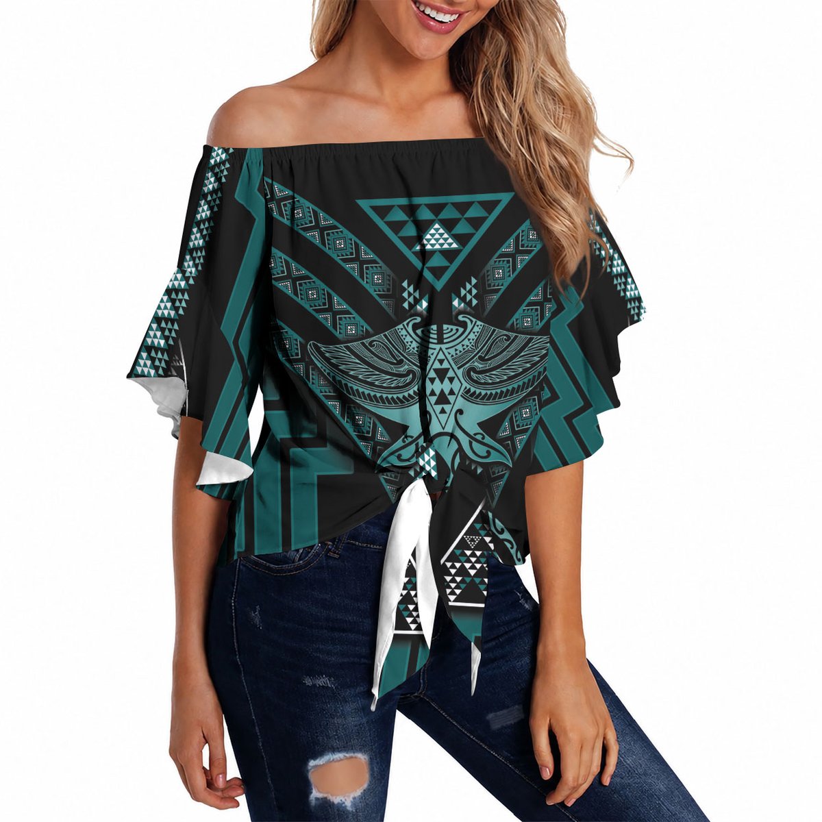 New Zealand Manta Ray Off Shoulder Wrap Waist Top Maori Tukutuku Taniko Motifs Teal