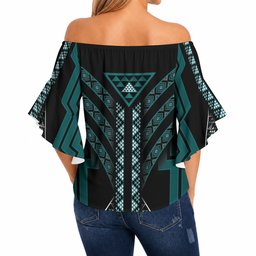 New Zealand Manta Ray Off Shoulder Wrap Waist Top Maori Tukutuku Taniko Motifs Teal