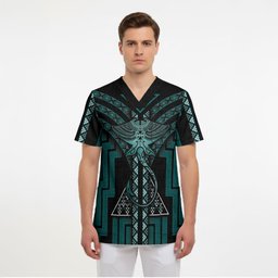 New Zealand Manta Ray Scrub Top Maori Tukutuku Taniko Motifs Teal