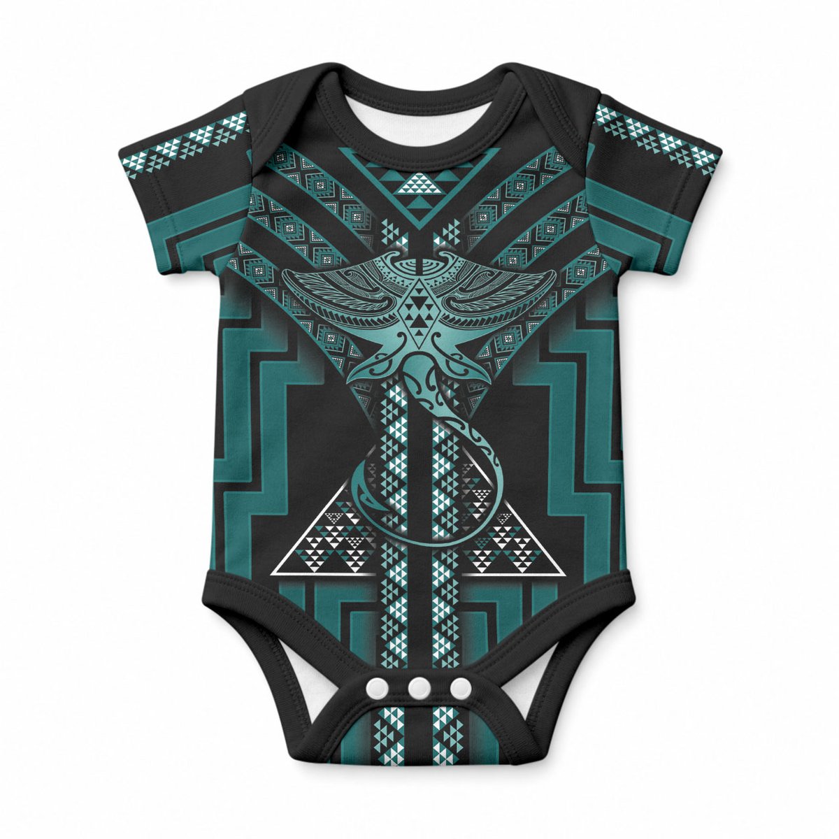 New Zealand Manta Ray Baby Onesie Maori Tukutuku Taniko Motifs Teal