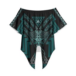 New Zealand Manta Ray Off Shoulder Wrap Waist Top Maori Tukutuku Taniko Motifs Teal