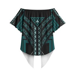 New Zealand Manta Ray Off Shoulder Wrap Waist Top Maori Tukutuku Taniko Motifs Teal