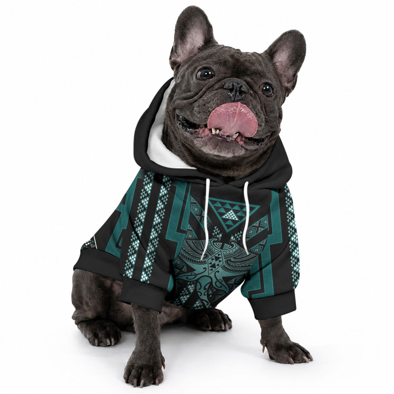 New Zealand Manta Ray Pet Hoodie Maori Tukutuku Taniko Motifs Teal