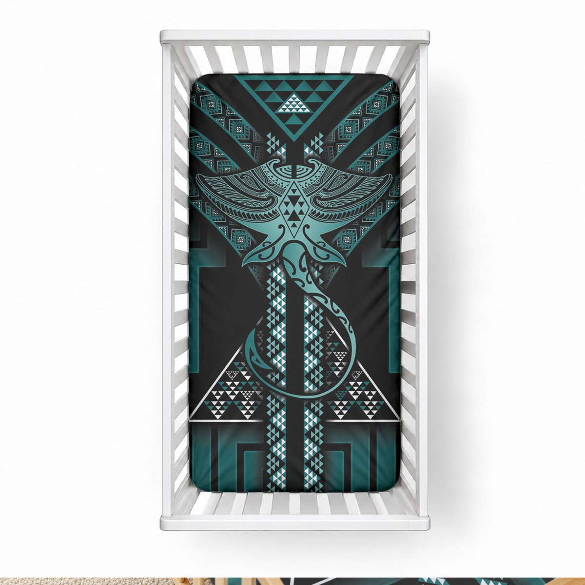 New Zealand Manta Ray Baby Bed Cover Maori Tukutuku Taniko Motifs Teal
