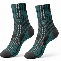 New Zealand Manta Ray Crew Socks Maori Tukutuku Taniko Motifs Teal