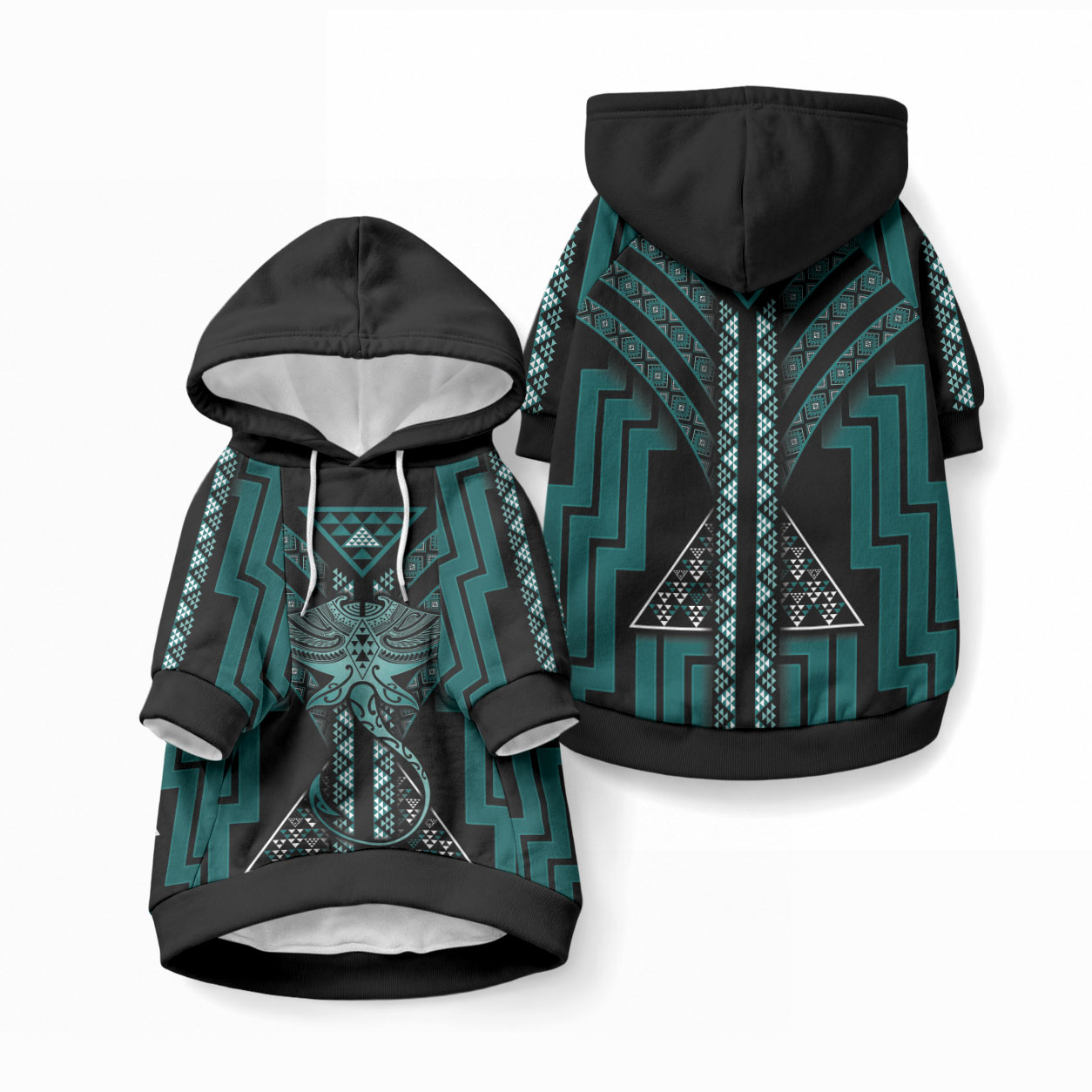 New Zealand Manta Ray Pet Hoodie Maori Tukutuku Taniko Motifs Teal