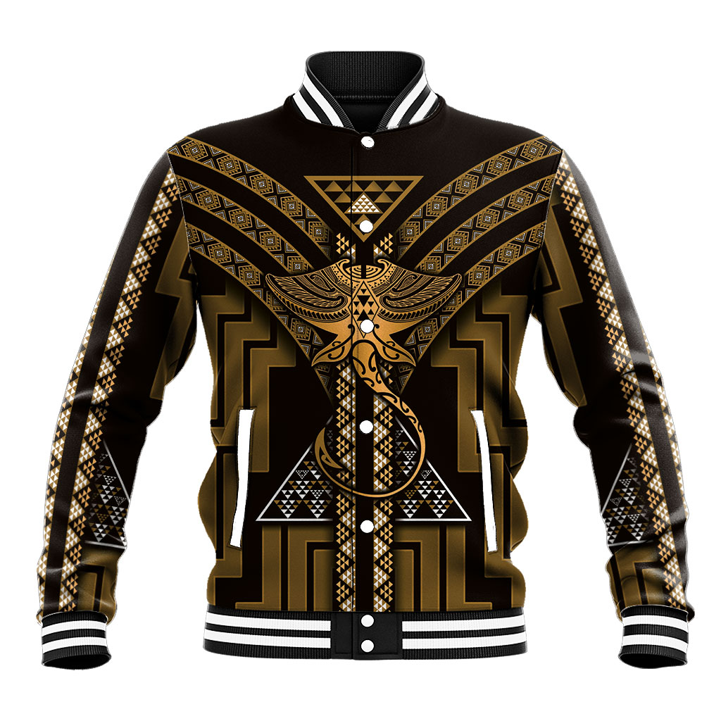 New Zealand Manta Ray Baseball Jacket Maori Tukutuku Taniko Motifs Gold