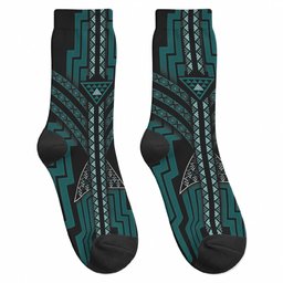 New Zealand Manta Ray Crew Socks Maori Tukutuku Taniko Motifs Teal